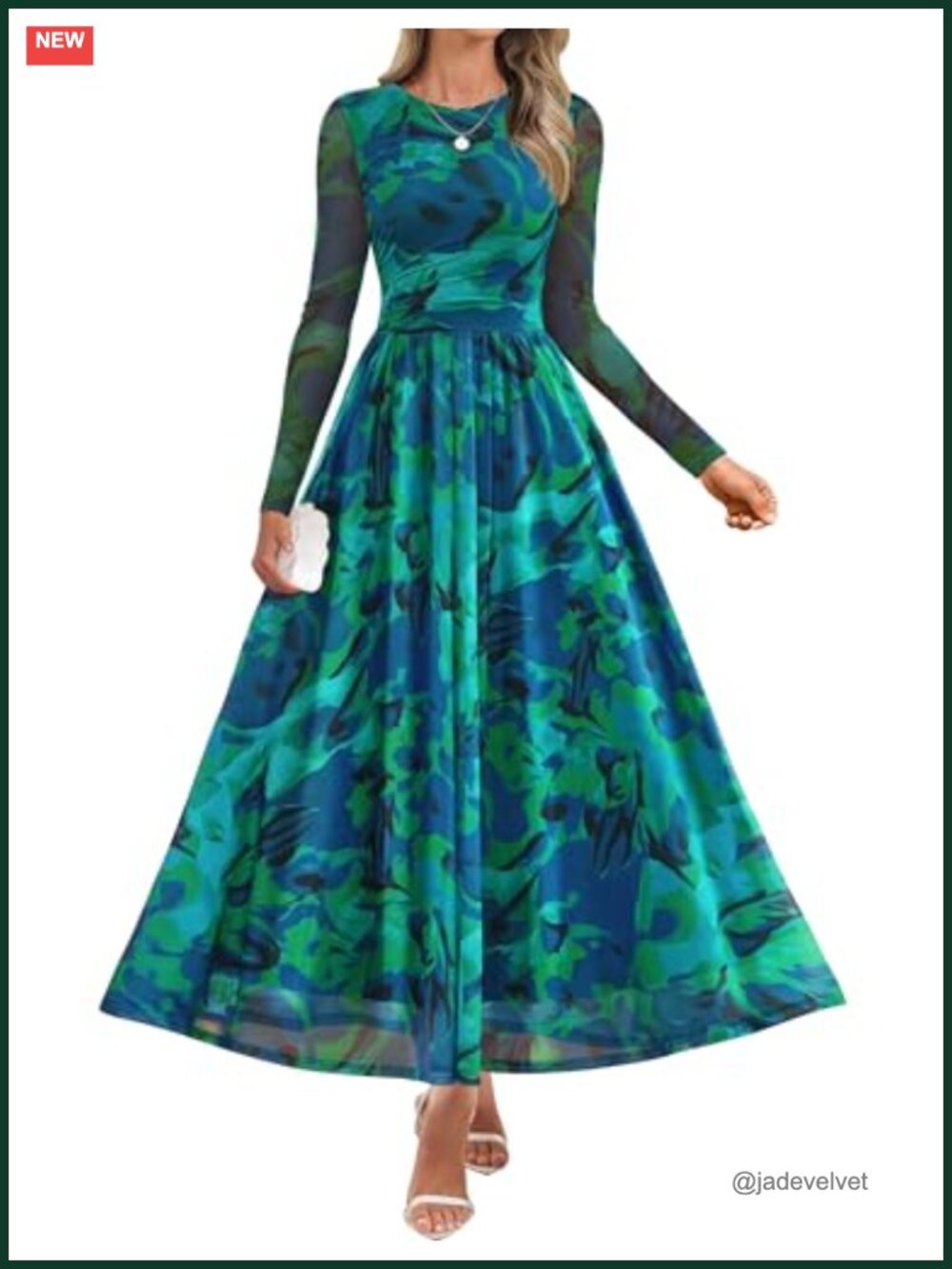 Women's Long Sleeve Floral Maxi Dress, Mesh A-Line Pleated